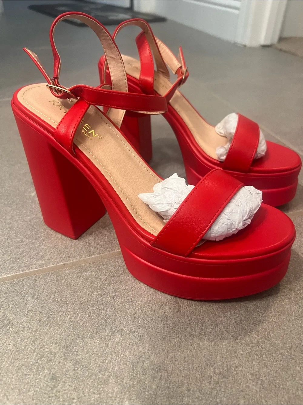 Chunky Red Platform Block Heel Sandals w/ Ankle Strap